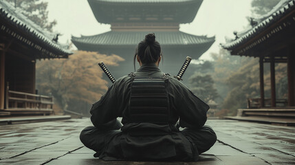 japanese samurai warrior meditating in front of temple