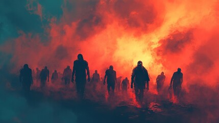 Fototapeta premium Apocalyptic march of shadows urban landscape digital art eerie atmosphere wide angle dystopian concept