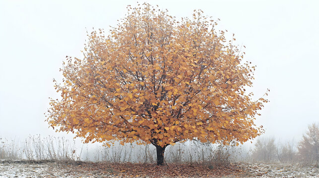Autumn tree in a foggy landscape, nature scene, tranquil image, perfect for desktop background