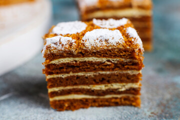 Traditional layered honey cake slices.