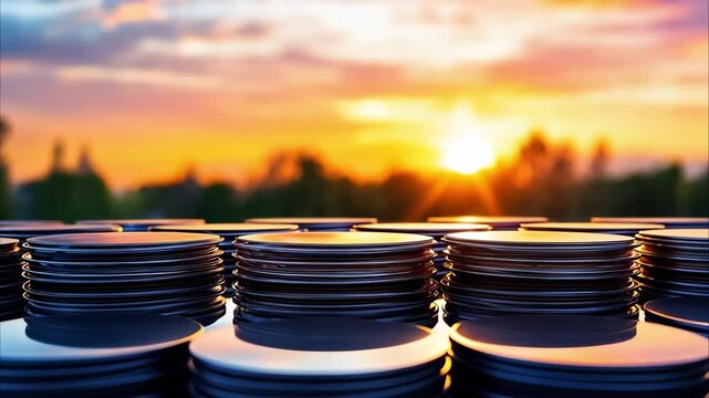 A stack of shiny plates reflecting a beautiful sunset with a landscape in the background.