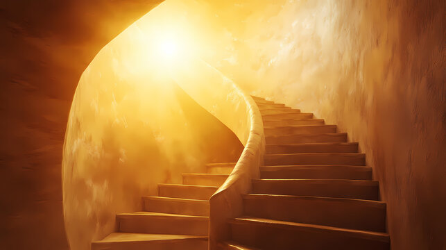 Spiral staircase ascending towards a celestial light. Celestial Staircases. Illustration