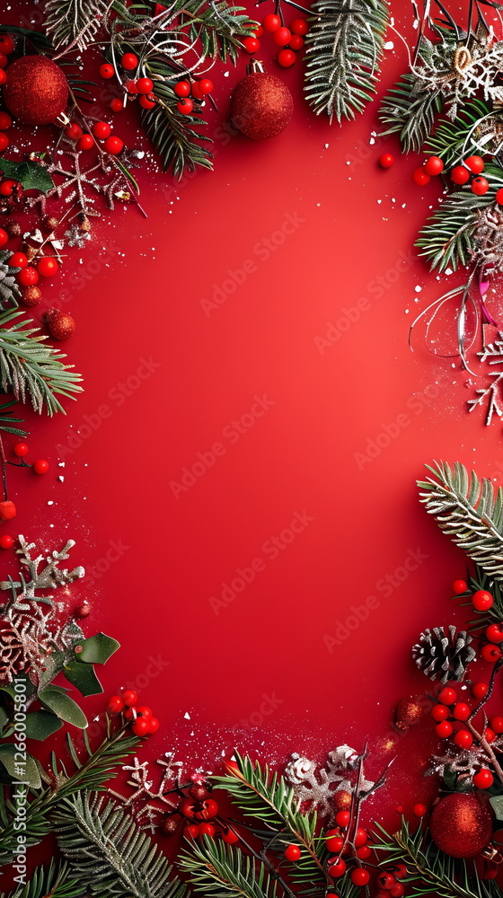 Poster a red background with a christmas tree and pine cones. space for text