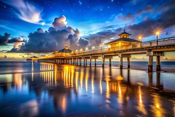 Fototapeta premium Night Photography: Pier, Fort Myers Beach, Florida - Illuminated Waterfront Scene
