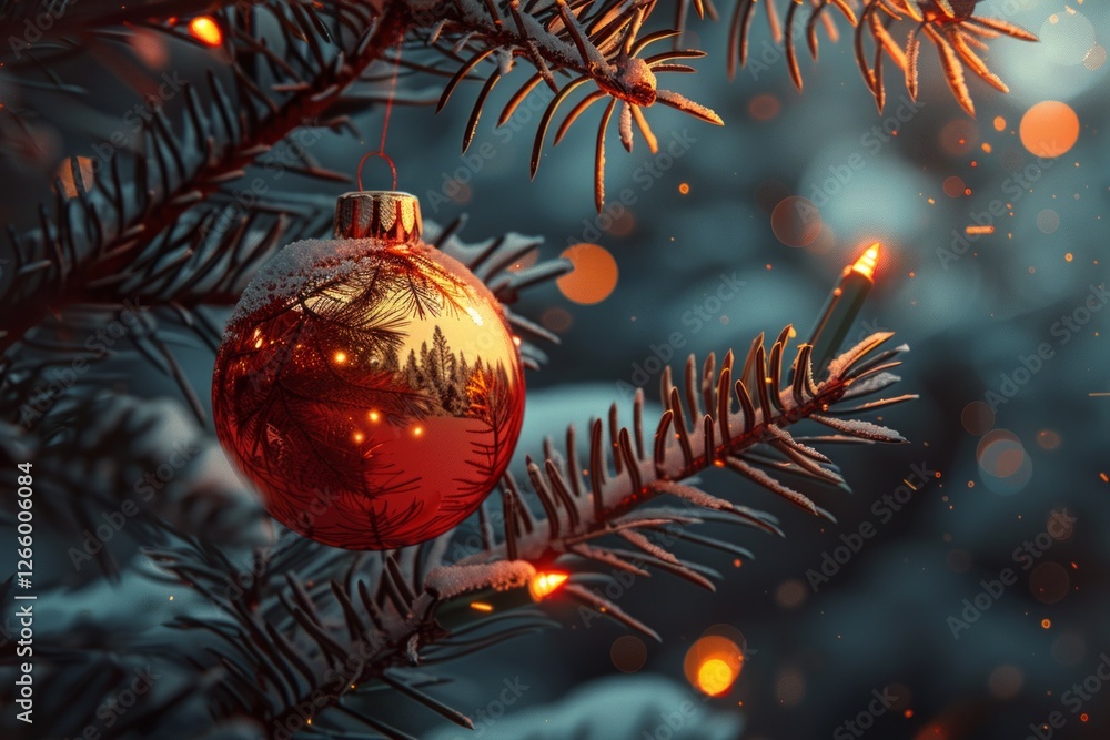 Poster a red ball hangs on a christmas tree branch in retro style. the tree is covered in snow.