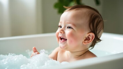 The baby takes a bath, surrounded by foam, with a joyful smile. Home comfort, care, hygiene, cleanliness. Suitable for advertising children's cosmetics, family content, blogs about parenting.