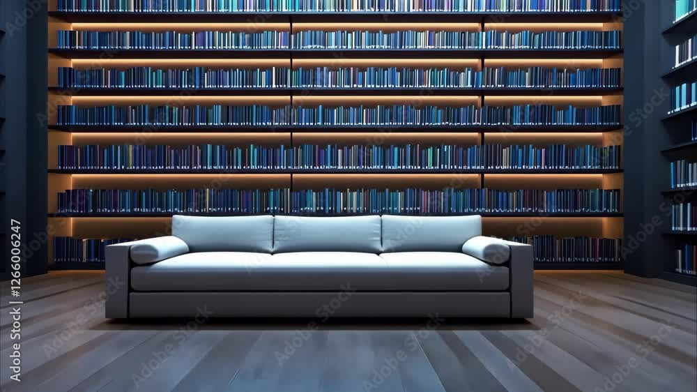 Aufkleber a modern library with tall bookshelves filled with books and a sleek sofa in the center, creating a 