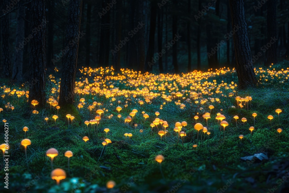 Poster glowing mushrooms illuminate a dark forest floor, creating a magical, enchanting scene.