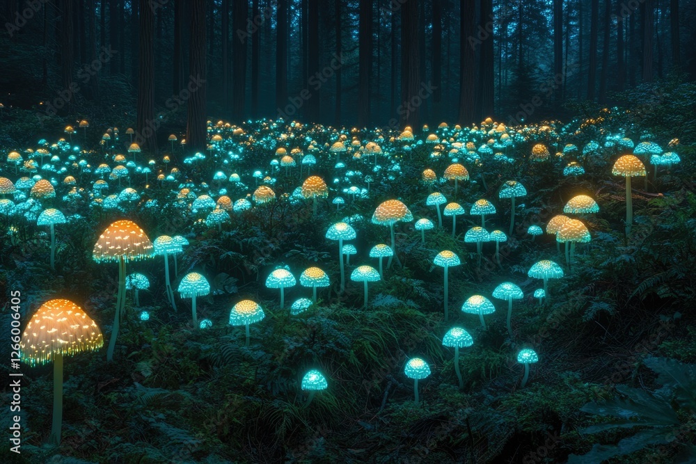 Poster glowing bioluminescent mushrooms illuminate a dark forest floor, creating an ethereal, magical scene