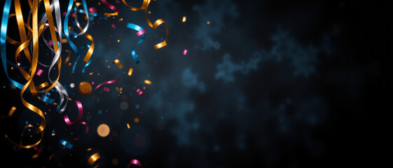 Colorful streamers and confetti falling against a dark background creating a festive and celebratory atmosphere, perfect for events like Prom
