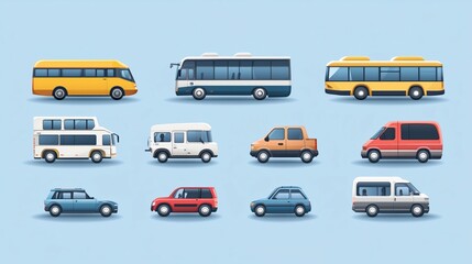 A collection of different types of vehicles, including buses, cars, and vans