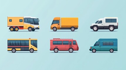 A set of six different types of vehicles, including buses, trucks, and vans