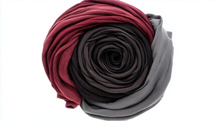 A red, black, and gray scarf is shown in a close up
