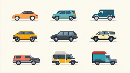 A set of cars are shown in a row, with the first car being a yellow car