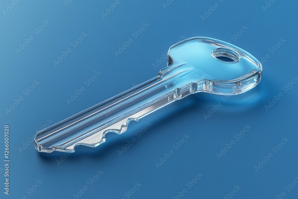 Poster glass key resting on a blue background, representing concepts of security, access, problem-solving, 