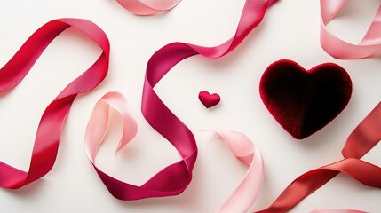 A heart is surrounded by red ribbon and pink ribbon