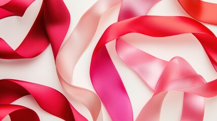 A bunch of red and pink ribbons are arranged in a row