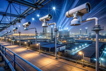 Night Surveillance: Security Cameras Monitoring Industrial Facility
