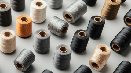 A collection of different colored threads are displayed in a row