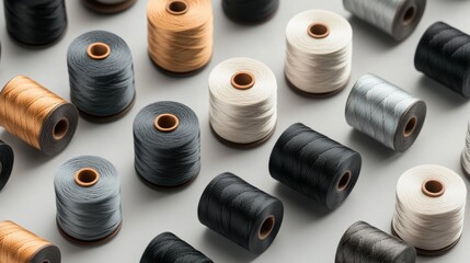 A collection of different colored threads are laid out in a pattern