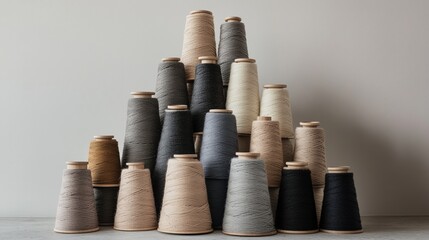 A pile of different colored yarns in a pyramid shape