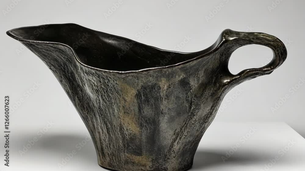 Poster unique sculptural jug crafted from dark metal displayed on a simple white surface in a gallery setti