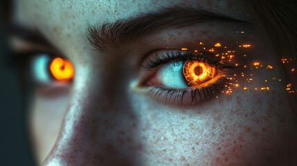 Closeup of the face of a woman with orange glowing cyber technology in her eyes.