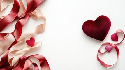 A red ribbon with a heart on it is surrounded by other red ribbons