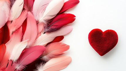 A heart is surrounded by feathers in a red color