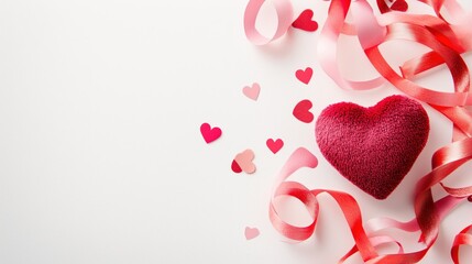 A heart is surrounded by a bunch of red ribbon and pink hearts