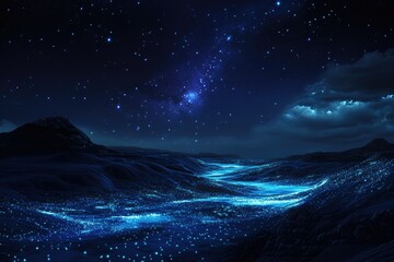 Fototapeta premium Starry night sky over a bioluminescent landscape, dark hills and glowing ground.