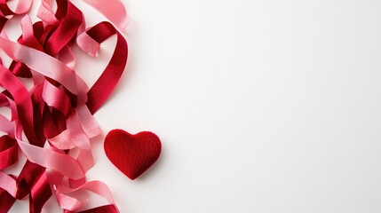 A red ribbon with a pink ribbon on it is laying on a white background