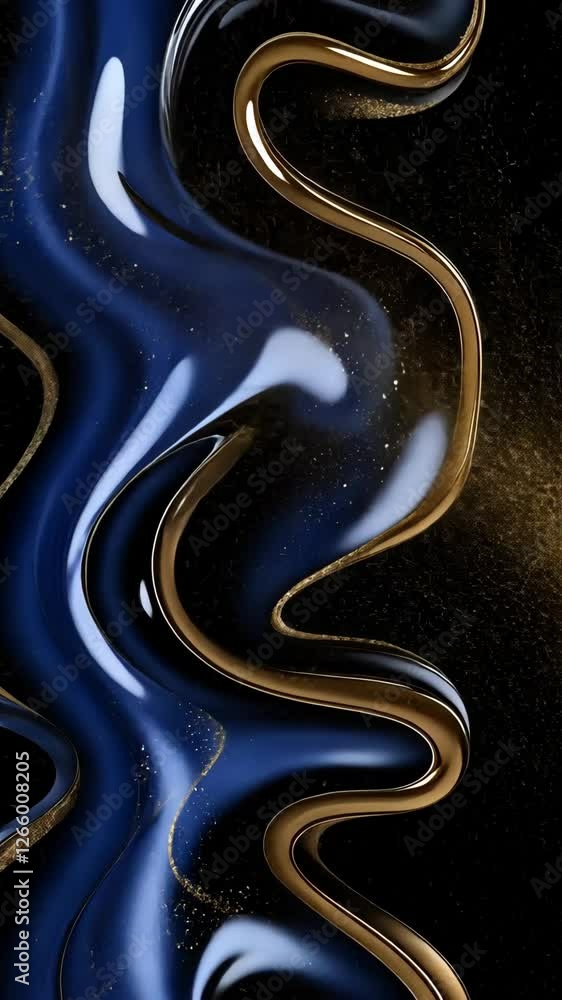 Poster swirling patterns of navy blue and gold shimmering against a dark background create an abstract arti