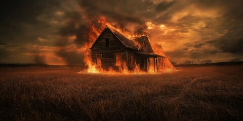 Abandoned Farmhouse Engulfed in Flames, Surrounded by Burning Fields