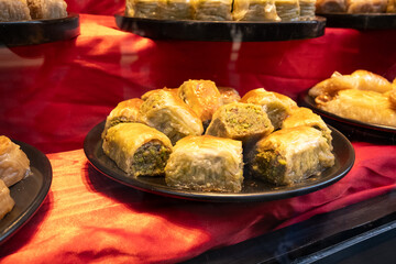 Istanbul kadaif, kunefe and local Turkish baklava in the showcase