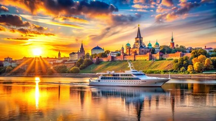 Naklejka premium Nizhny Novgorod Volga River Yacht Double Exposure Stock Photo - Stunning Cityscape