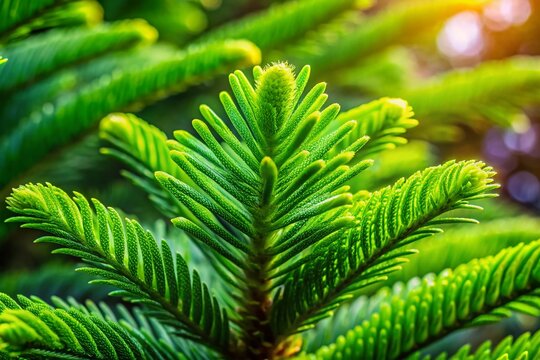 Norfolk Island Pine Tree, Lush Green Foliage, Candid Close-Up, Natural Sunlight