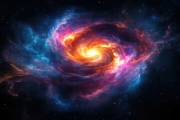 Obraz premium A vibrant spiral galaxy swirls with fiery orange and cool blue hues, a breathtaking cosmic spectacle.