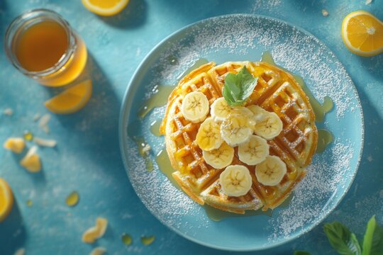 Round waffles with banana slices, honey, powdered sugar and mint leaves on a blue plate, orange juice for breakfast