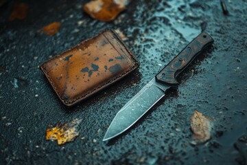Hunting knife and leather wallet lie on wet asphalt with autumn leaves, creating a rugged and outdoorsy scene