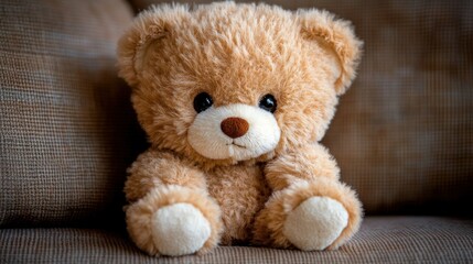 Adorable teddy bear sitting on a couch, peaceful, calm, homey atmosphere
