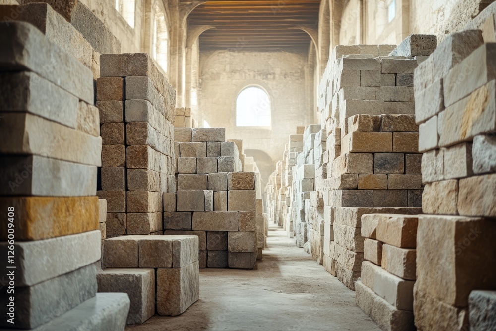 Poster stacks of rectangular and square stone blocks fill a warehouse, forming a long narrow aisle leading 