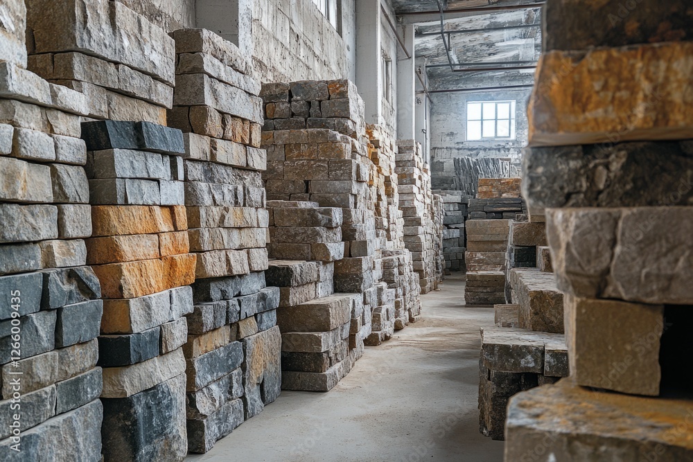 Poster large stone blocks are neatly stacked, creating a visually striking pattern in a warehouse or factor