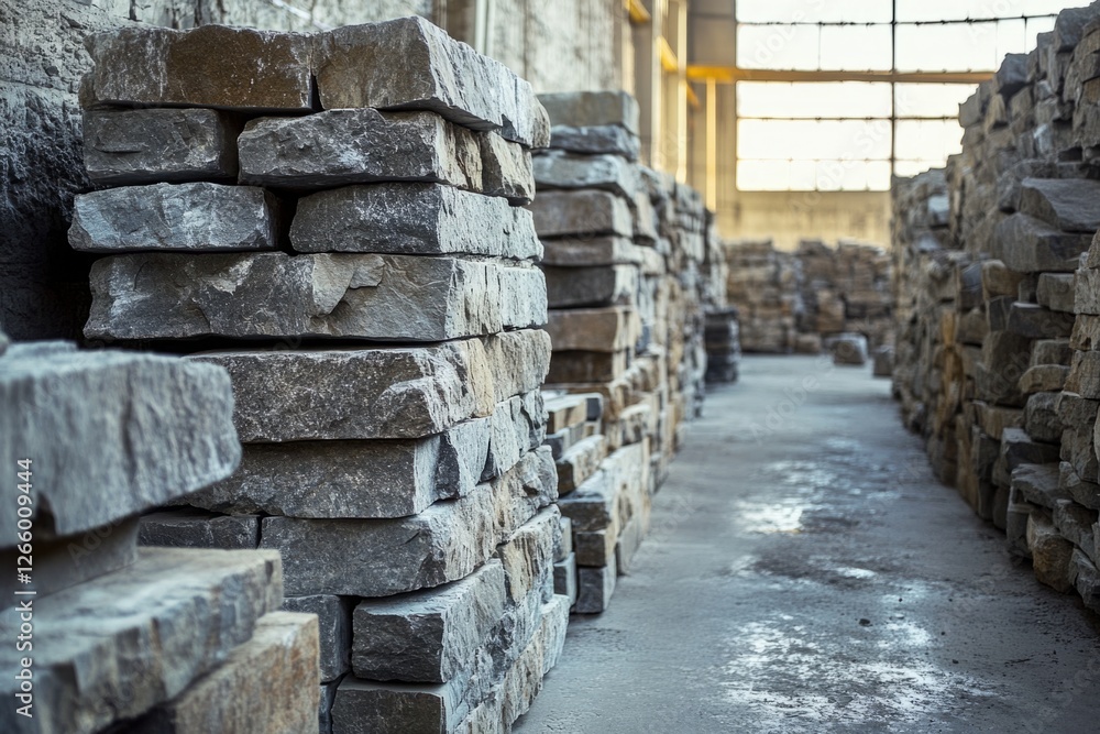 Poster stacks of rectangular and square stone blocks fill a warehouse, forming a long narrow aisle leading 