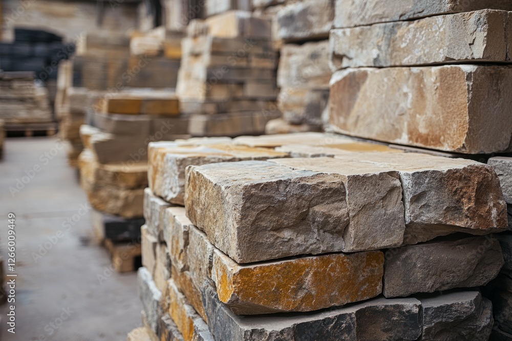 Poster stone blocks neatly arranged, creating a sturdy and textured wall within a warehouse or storage faci