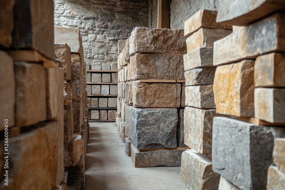 Poster stone blocks neatly arranged, creating a sturdy and textured wall within a warehouse or storage faci