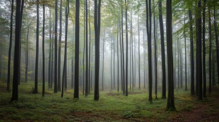 Fototapeta premium Foggy autumn forest, tall trees, misty landscape, nature scene, ideal for backgrounds, wallpapers