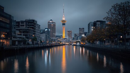 Fototapeta premium Auckland Sky Tower at Dusk, Cityscape Reflection