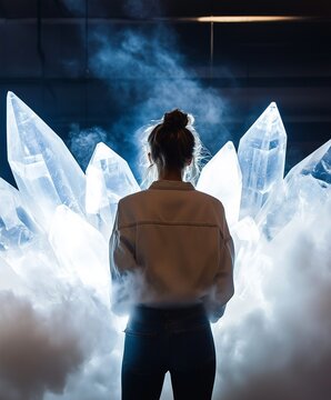 A woman standing in front of white and blue glowing ice crystals, viewed from behind, with a foggy background and a dark atmosphere