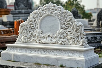 White marble headstone with ornate floral carvings and central circular space, likely for an inscription or portrait